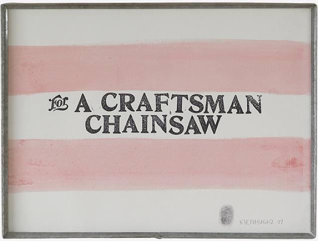 Hugh Brown, Ed Kienholz (For Craftsman Chainsaw, 2007), 2008. Watercolor, rubber stamp ink on paper, galvanized steel, particle board, 30.5x40.6cm
